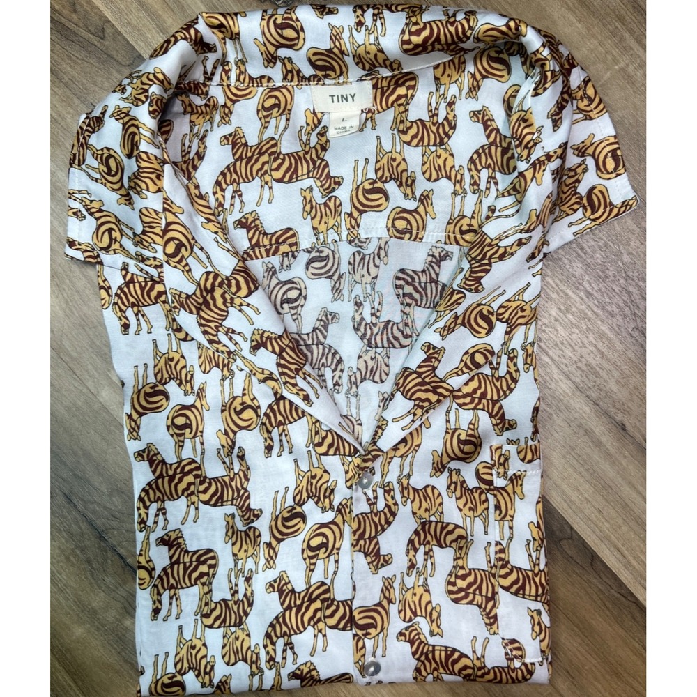 Anthropologie TINY Zebra Print Postcard Buttondown Blouse Top‎ L Women